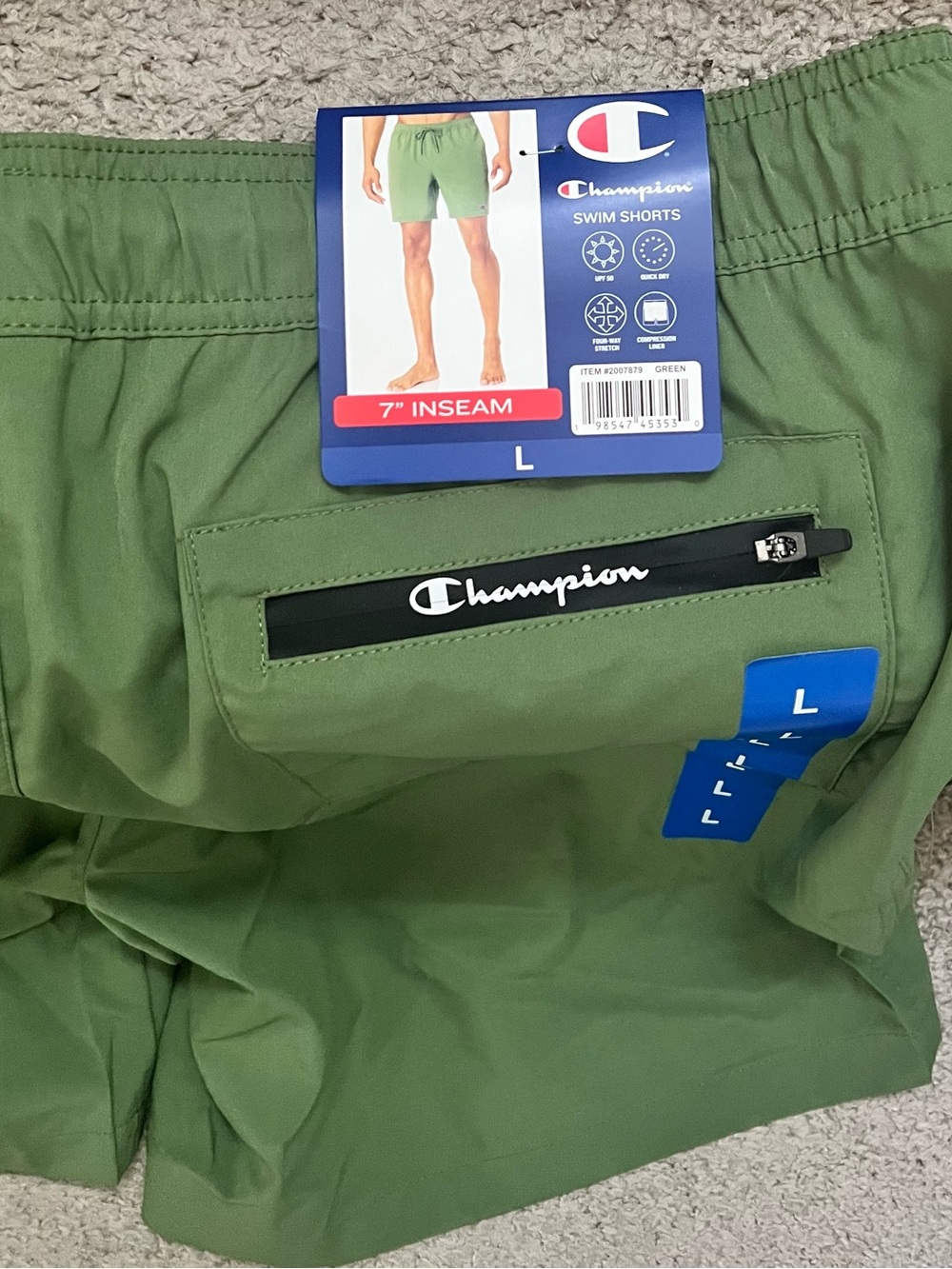 Champion Men’s Olive Green Swim Trunks with Branded Zip Pocket